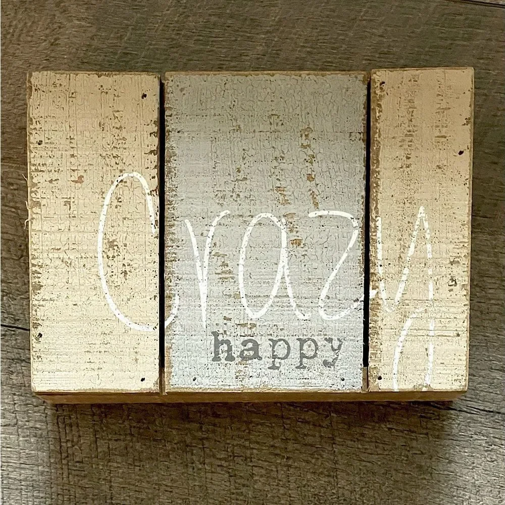 New! “Crazy Happy” Light-Brown Wooden Home Decor/Sign. 7 in. x 8.5 in.